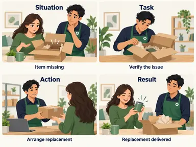 STAR storyboard showing an incomplete customer parcel, verification, replacement coordination, and delivery of the missing item.