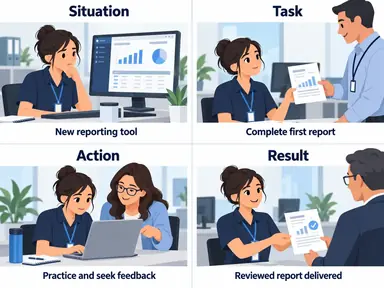Four-panel STAR storyboard showing an unfamiliar reporting tool, a first report assignment, guided practice, and reviewed delivery.