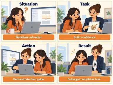 STAR storyboard showing an unfamiliar workflow, a shared learning goal, guided practice, and a colleague completing a task independently.