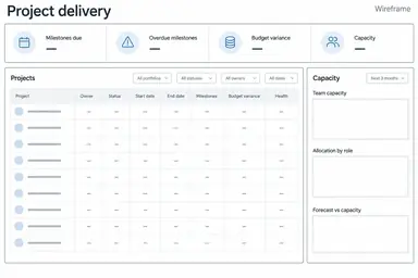 Project delivery dashboard wireframe with a slim summary band, a broad central project matrix, and a narrow right capacity panel, labeled metric areas and empty value placeholders.