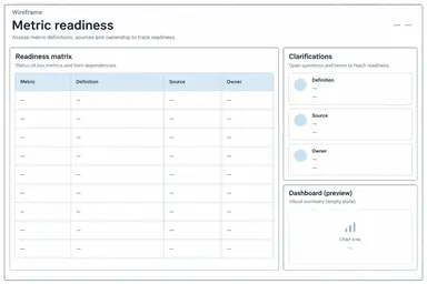 Metric readiness dashboard wireframe with a large left readiness matrix, a right stack of clarification cards, and a small empty dashboard thumbnail, labeled metric areas and empty value placeholders.