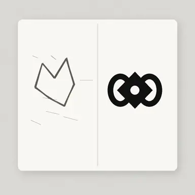 A rough pencil logo sketch on a notebook page beside the same symbol redrawn as a clean solid black vector mark.