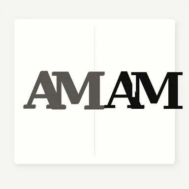 A handwritten sketch of overlapping initials beside a refined interlocking black monogram of the letters A and M.