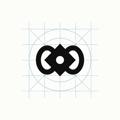 A minimal black geometric logo symbol shown over faint blue construction circles and alignment lines on white.