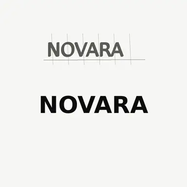 A rough pencil lettering sketch above a refined black custom wordmark reading NOVARA on white paper.