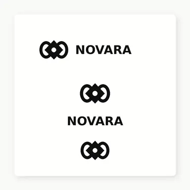 A white sheet showing horizontal, stacked, and symbol-only logo lock-ups using a black symbol and the word NOVARA.