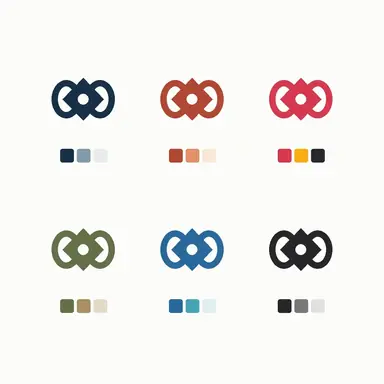 A grid showing one abstract logo symbol repeated in six different color schemes with swatch rows beneath each.