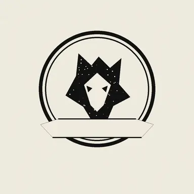 A circular black emblem badge with a bold animal silhouette, double-ring border, and an empty ribbon banner.