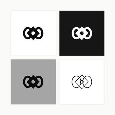 A four-panel sheet showing one logo symbol in black, reversed white on black, greyscale, and thin outline versions.