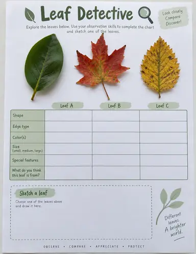 A leaf observation worksheet with three different leaves, blank comparison cells, and a sketch box.