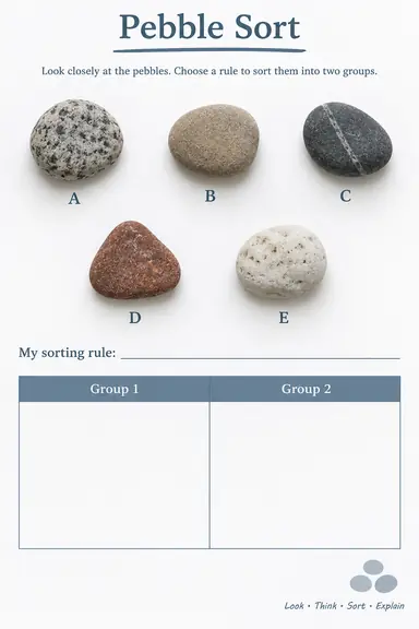A pebble sorting worksheet with five labeled stones and an empty grouping table.