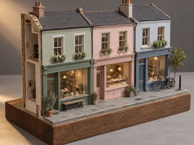 Miniature pastel shopfront block with a bicycle, scored pavement, and an exposed side wall on a wooden base.