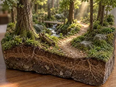 Woodland trail diorama with carved trees, green undergrowth, and exposed soil layers along the front edge.