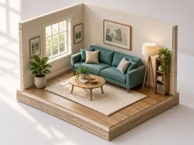 Open-wall living room miniature with a teal sofa, wooden coffee table, cream rug, and floor lamp.