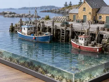 Miniature fishing harbor with two boats, a wooden pier, ochre buildings, and blue-green resin water.