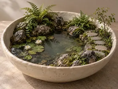 Ceramic basin diorama containing an oval pond, lily pads, rocks, ferns, and a curved stepping-stone path.