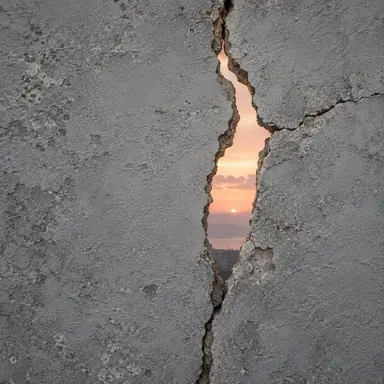 A narrow crack in gray plaster revealing a small strip of peach-colored dawn sky.
