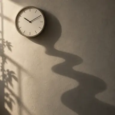 An intact analog wall clock casting a winding river-like shadow down a plain wall.