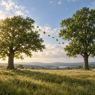 Two meadow trees connected visually by a curved trail of windblown leaves.