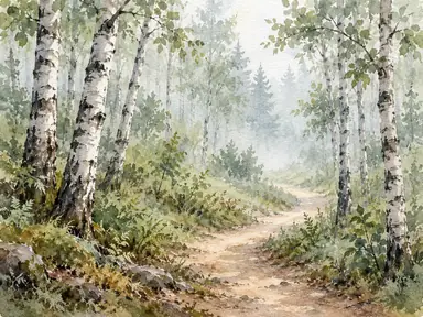 Wet-on-wet watercolor woodland with birch trees, light mist and a curving path.