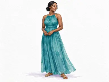 Watercolor full-length fashion illustration of a woman in a teal pleated dress and gold sandals.