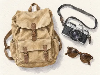 Watercolor travel still life with a tan backpack, silver-and-black camera and brown sunglasses.