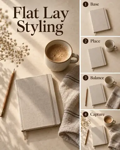 Four-stage flat lay styling photo tutorial showing a beige tabletop flat lay with one notebook, a ceramic mug, a pencil, and a folded linen cloth, with numbered action labels.