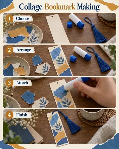 Four-stage collage bookmark making photo tutorial showing a cream cardstock bookmark, torn blue and ochre paper shapes, a glue stick, and a blue tassel, with numbered action labels.