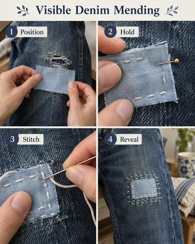 Four-stage visible denim mending photo tutorial showing a small pale-blue fabric patch over a worn area of dark denim with cream running stitches, with numbered action labels.
