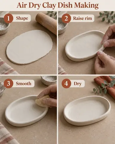 Four-stage air dry clay dish making photo tutorial showing a small oval air-dry clay trinket dish progressing from a flattened slab to a gently raised rim on a neutral craft board, with numbered action labels.