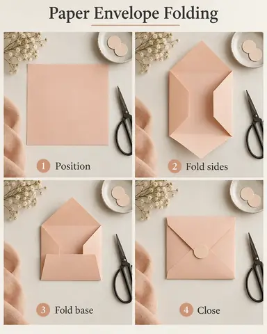 Four-stage paper envelope folding photo tutorial showing one square sheet of pale peach paper becoming a simple envelope with a small plain round seal, with numbered action labels.