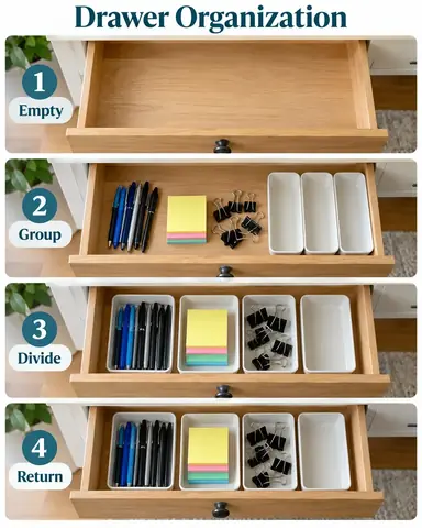 Four-stage drawer organization photo tutorial showing an oak drawer, pens, sticky notes, binder clips, and white organizer trays with numbered action labels.