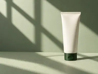 An ivory tube with a green cap in a clear light patch amid diagonal geometric shadows.