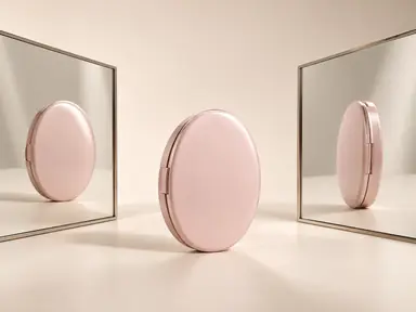 A pale-pink cosmetic compact between two angled mirrors with clearly bounded reflections.