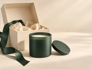 A dark-green candle jar and lid in front of a cream gift box with a green ribbon.