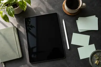 Overhead research planning workspace featuring a dark charcoal desktop with a screen-off tablet, mint task cards, a compact notebook and a stylus.