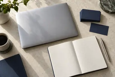Overhead research planning workspace featuring a silver closed laptop beside neatly stacked indigo cards, a gridded notebook and a metal pen on a pale stone desk.