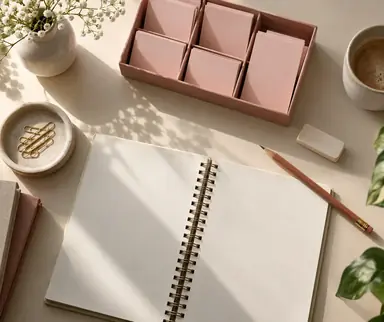 Overhead research planning workspace featuring a warm cream table with small rose cards in a sorting tray, an eraser, a pencil and an open spiral notebook.