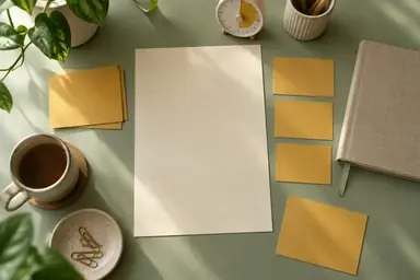 Overhead research planning workspace featuring a pale green desktop with mustard cards organized around a blank cream planning sheet, a small timer and a linen notebook.
