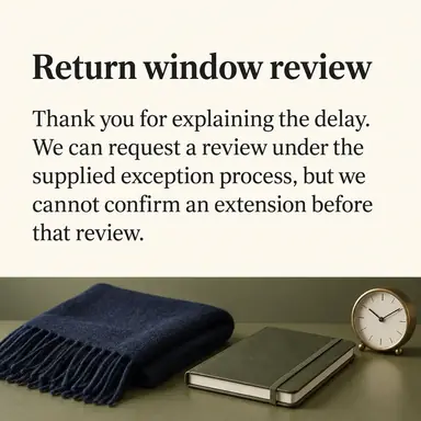 Reply card headed "Return window review" above a folded navy scarf beside a closed planner and a small clock on an olive tabletop.
