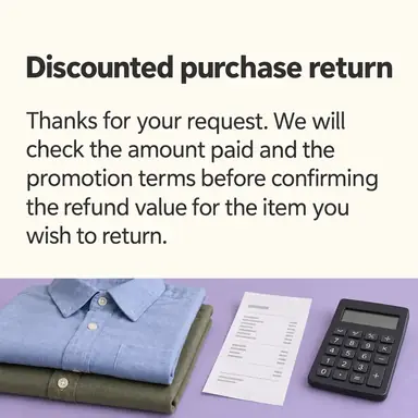 Reply card headed "Discounted purchase return" above two folded cotton shirts, an itemised receipt with no readable personal data, and a plain calculator on a lavender desk.