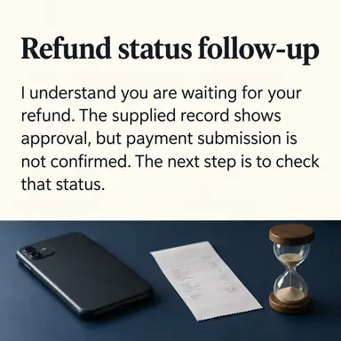 Reply card headed "Refund status follow-up" above a smartphone with its screen facing down beside a plain receipt and a small hourglass on a midnight-blue desk.