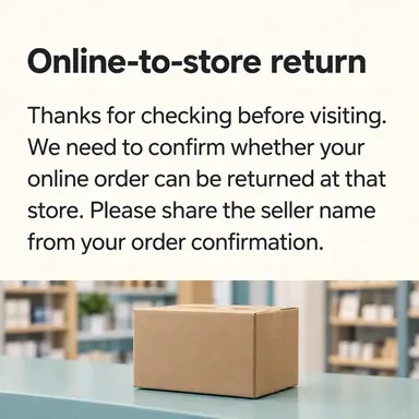 Reply card headed "Online-to-store return" above a plain ecommerce parcel in front of softly blurred shop shelving on a pale teal service counter.