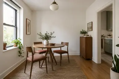 Rental dining nook with a round wood table, three chairs, terracotta accents and freestanding storage.