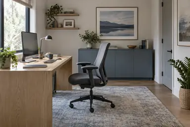 Home office with an oak desk beside a window, charcoal chair and low storage cabinet.