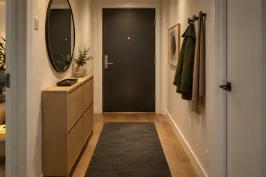 Narrow entryway with a shallow oak shoe cabinet, round mirror, coat hooks and charcoal runner.