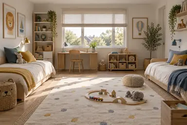 Shared children's bedroom with two low beds, a study desk, low toy storage and a central play area.