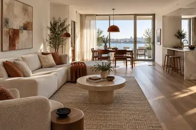 Open-plan apartment with an ivory lounge area, walnut dining table and a clear passage to balcony doors.