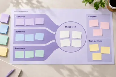 Violet team-needs canvas with shared needs and unresolved questions beside workshop notes.