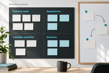 Charcoal and cyan technical discovery board with grouped requirements and verification questions.